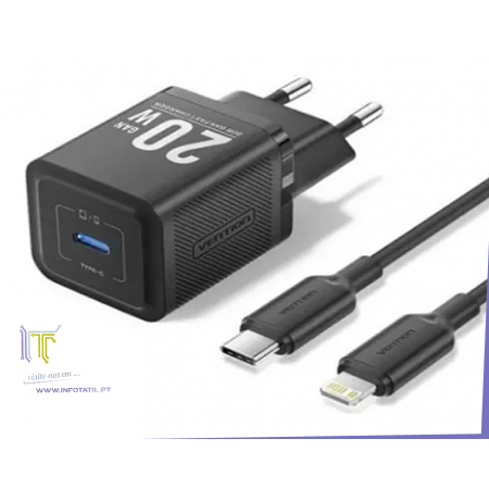 Carregador Vention 20W GaN com Cabo USB-C | Carregador de Parede Rápido e Compacto