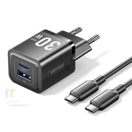 Vention Carregador de Parede GaN USB-C 30W - Cable USB-C 1m