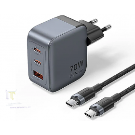 Vention Carregador GaN de 70W 2 x USB-C e 1 x USB-A Cabo 1m