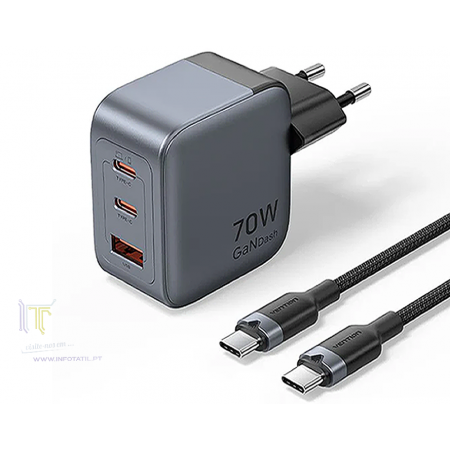 Vention Carregador GaN de 70W 2 x USB-C e 1 x USB-A Cabo 1m